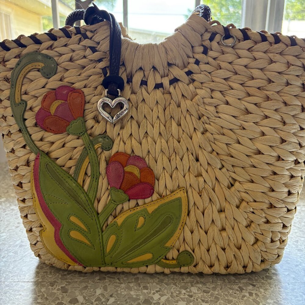 Brighton Jute Straw Leather Flowers/Monkey/Heart Whimsical Fun Shoulder Bag